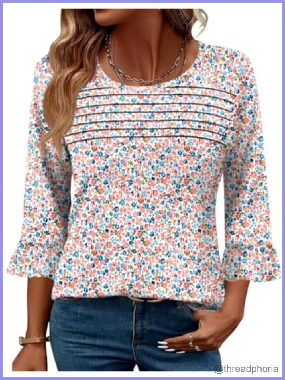 Womens 3/4 Sleeve Pleated Front Blouse Dressy Casual Bell Sleeve Top